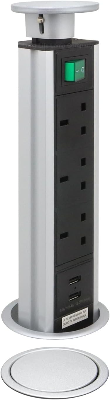 Long Life Lamp Company Pop Up Socket 3 UK Plug 2 USB Silver Kitchen Worktop 80mm
