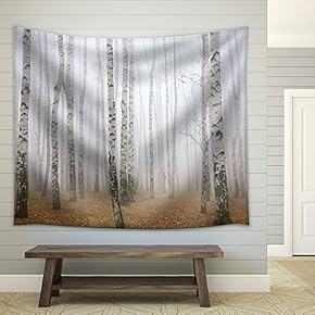 Morning Mist in Autumn Birch Grove - Fabric Wall Tapestry Home Decor - 51x60 inches