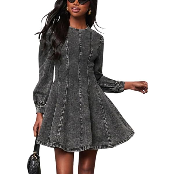 Conshvi Denim Shirt Dress for Women Long Sleeve Crewneck Denim