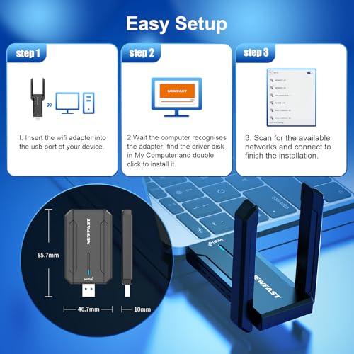 NEWFAST WiFi Adapter For PC/Laptop AXE5400Mbps WiFi Dongle 6GHZ/5GHz/2.4GHz Tri-band USB 3.0 Wireless Adapter, Support Windows 11/10, Low-Latency Gaming Wireless Dongle