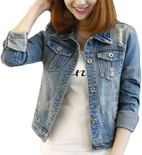 Women's Denim Jacket Casual Ripped Button Up Cropped Distressed Jean Jacket Vintage Blue Trucker Jacket Long Sleeve