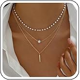 Sttiafay Boho Layered Necklace Chain Pearl Bead Choker Necklace Tiny Pearl Chain Necklace Vertical Bar Pendant Necklace Vintage Pearl Beaded Necklace Jewelry for Women