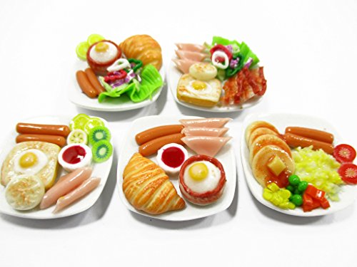 Dollhouse Miniature Food 5 Ceramic Plates Breakfast Sausage Ham Egg Supply 13744