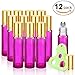 Olilia Glass Roll on Bottles with Metal Roller Balls, Essential Oils Key included 12 Pack of 10ml (Violet - Gold Lids)