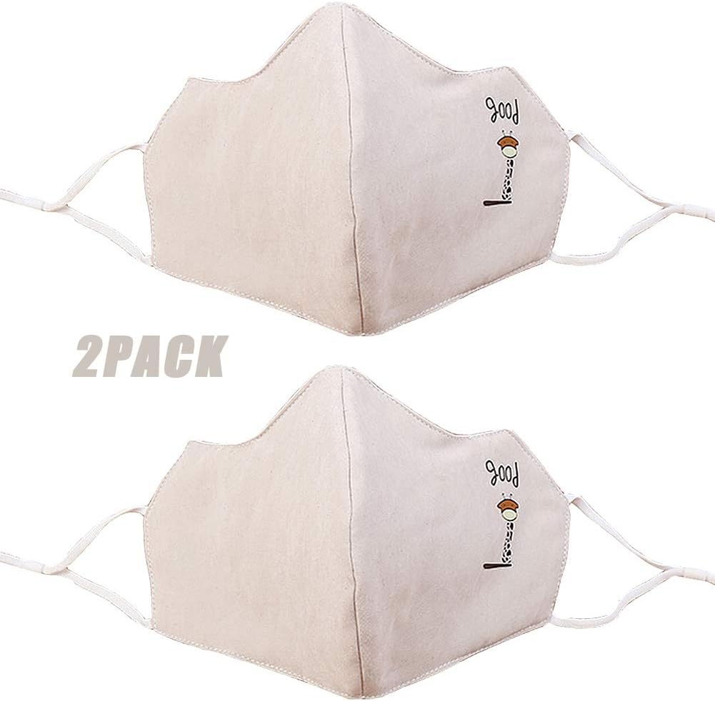 2PCS Washable Reusable Mask Men's and Women's Dust-Proof Adjustable Earrings Cotton Dust-Proof Half Face Eye Protection Mask (Cartoon white)