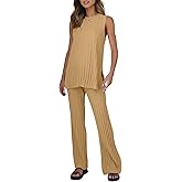 Tankaneo Two Pieces Outfits Sleeveless Top Knit Sets Trendy Lounge Long Pajamas Set