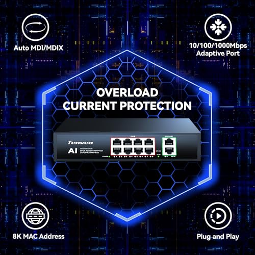Tenveo Power Over Ethernet Switch PoE+ 8 Gigabit Ports, 120W, 2 Uplink, Smart Management, VLAN, Metal Housing - Ideal for IP Cameras, Streaming and Business Networks