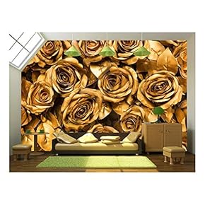 Golden Fabric Roses Background - Removable Wall Mural | Self-Adhesive Large Wallpaper - 66x96 inches