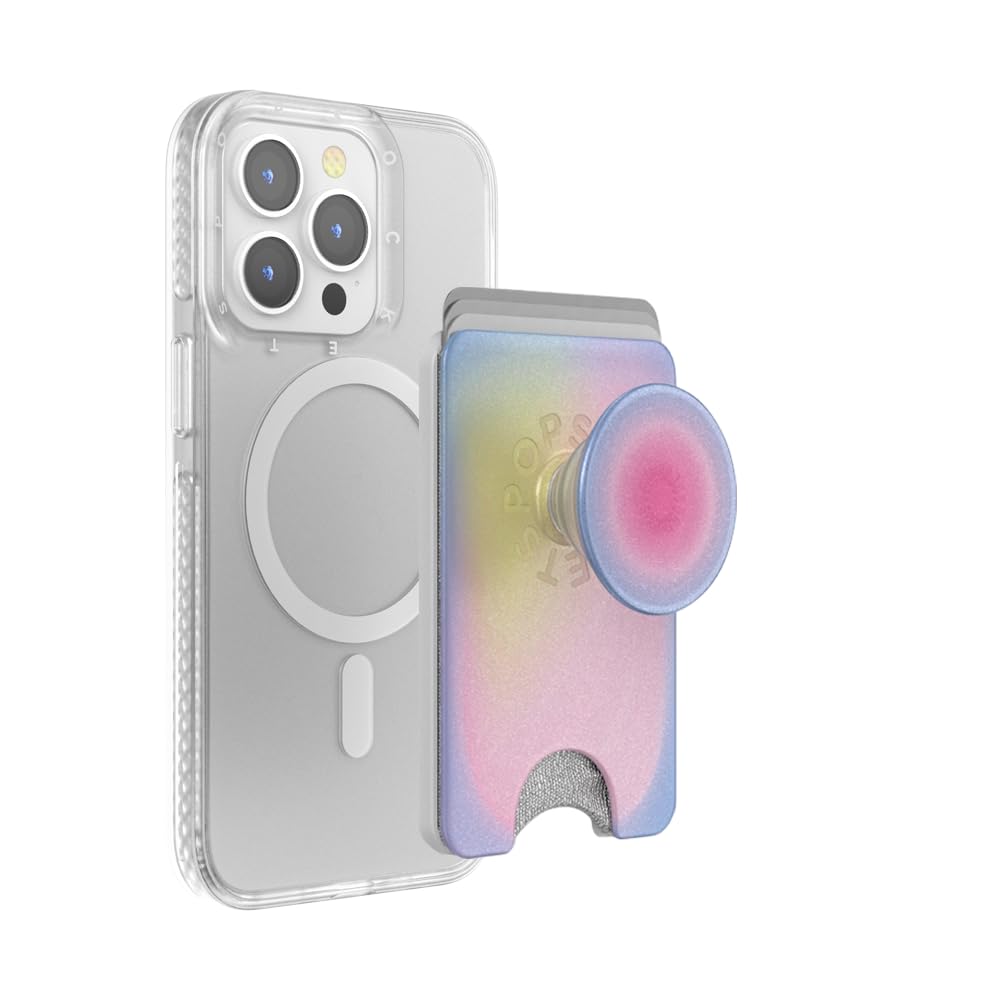 PopSockets Phone Wallet with Expanding Grip and Adapter Ring for MagSafe®, Phone Card Holder, Wireless Charging Compatible, Wallet Compatible with MagSafe - Aura