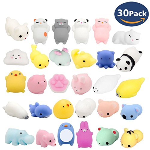 [WASHABLE] CloverTale 30PCS Mochi Squishy Animal Stress Toys, Mini Animal Squishy Stress Relief Animal Toys Mochi Squeeze Toys Mini Seal Bear Cat Tiger Pig Smile Cloud Squishies Random Color