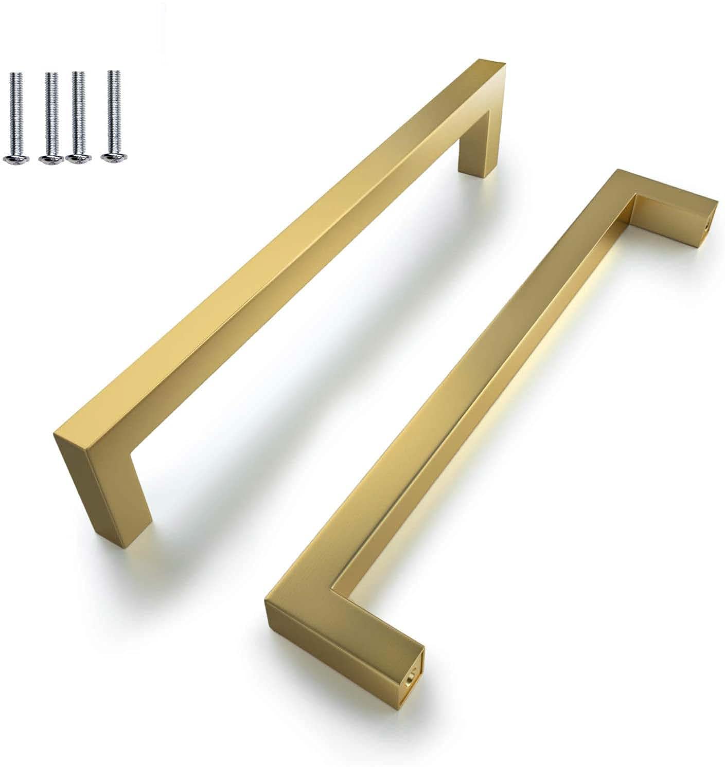 BOZONLI 2pcs Gold Handles for Cupboards & Draws, Square Stainless Steel Door Handles Kitchen Cabinet Drawer Pull Handles 224mm Hole Centers