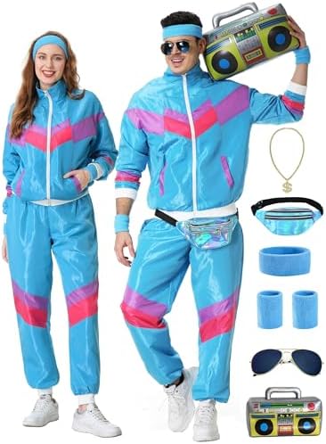 Disfraz Años 80 Unisex – Conjunto De Chándal Retro Con Chaqueta, Pantalón, Diadema, Gafas De Sol Y Muñequeras Para Fiestas Y Carnaval