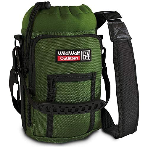 Wild Wolf Outfitters Water Bottle Carrier Holder with Adjustable Strap and 2 Pockets for Hands-Free Walking and Hiking | Green, 1.9 L