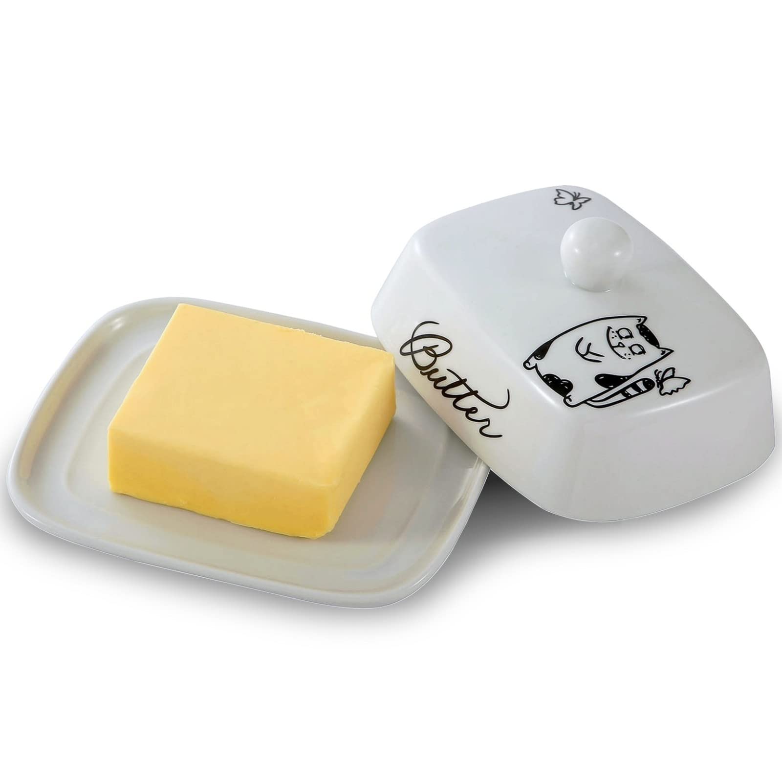 Butter Dish with Handle for 250g Butter, high-Quality Ceramic, White with Black cat Pattern, Porcelain, Butter Dome, Butter Tray, Butter Container, Butter Box, Dishwasher Safe, Creative Gift Idea