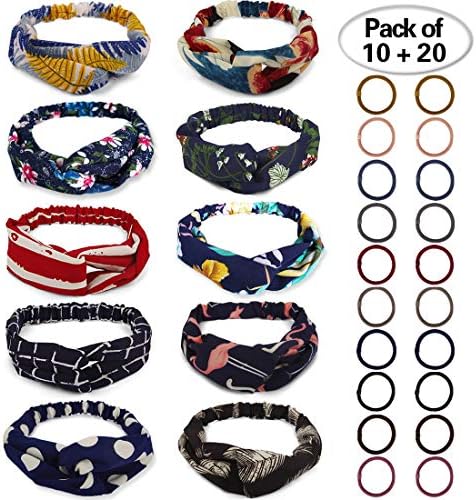 10 Pack Boho Headbands for Women Flower Printed Head wrap Twisted Knot Elastic Head Band Women Cut Hair Band Accessories (10pcs Women's Headbands+20pcs Hair Bands)（red Stripe）