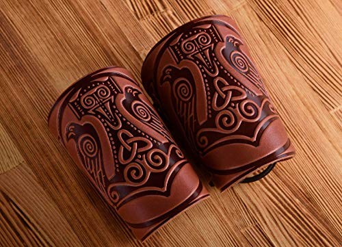 Leather Cuff Bracer - LARP Gauntlet - Leather Wristbands - LARP Accessories Viking Bracers - Viking Thor`s Hammer Ravens - Length 5" - Thumbnail 7