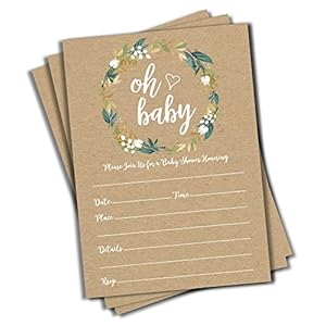 50 Oh Baby Kraft Greenery Invitations (Large Size 5×7) – Baby Shower Invitations (50 count)