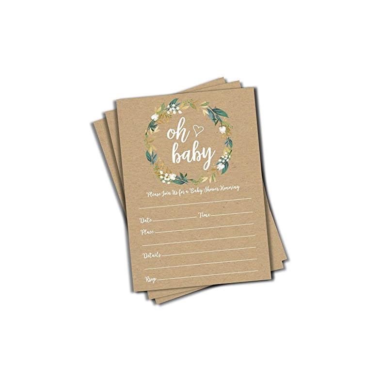 50 Oh Baby Kraft Greenery Invitations (Large Size 5×7) – Baby Shower Invitations (50 count)
