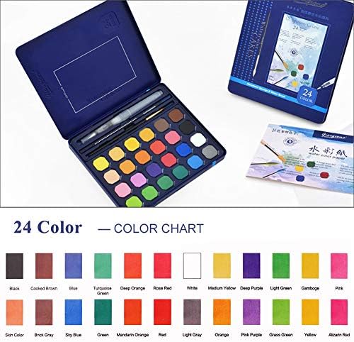 Watercolor paint set with a variety of vibrant colors.