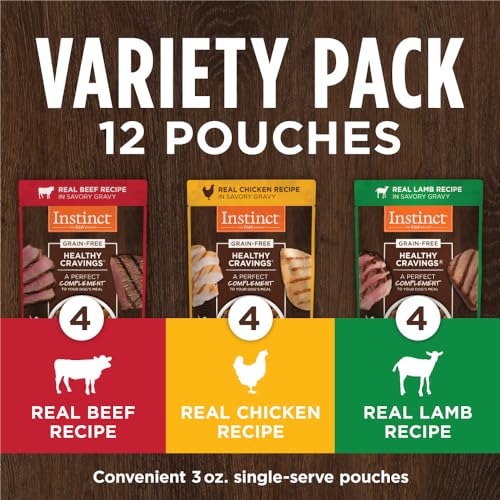 INSTINCT HEALTHY CRAVINGS GRAIN FREE RECIPE VARIETY PACK NATURAL WET DOG FOOD TOPPER BY NATURE’S VARIETY, 3 OZ. POUCHES (PACK OF 12)