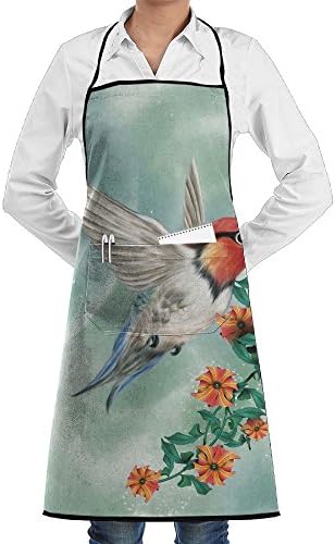 Grill Aprons Kitchen Chef Bib - SarahKen A Hummingbird Is Flying With A Flowered Branch Floral Nature Professional For BBQ Baking Cooking For Men Women Pockets