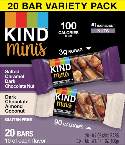 KIND MINI SNACK BARS VARIETY PACK, GLUTEN FREE, LOW SUGAR, LOW CALORIE SNACKS, SALTED CARAMEL DARK CHOCOLATE NUT, DARK CHOCOLATE ALMOND COCONUT, 20 COUNT