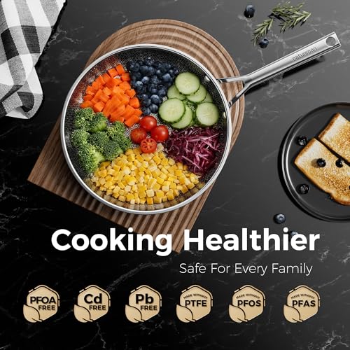 naturepan Hybrid Ceramic Frying Pan 20cm, 5-Ply Diamond-Titanium Nonstick Stainless Steel Pan, Hexagon Surface, Dishwasher/Oven Safe