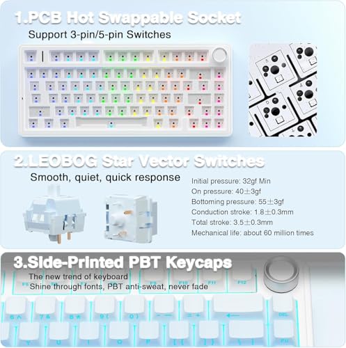 AULA F75 Mechanical Keyboard,75% Wireless Gaming Creamy Keyboards,Hot Swappable Custom Bluetooth Keyboard with Knob, BT5.0/2.4GHz/USB-C,RGB Backlit,Sounding-Switches PBT Keycaps- Gradient Blue