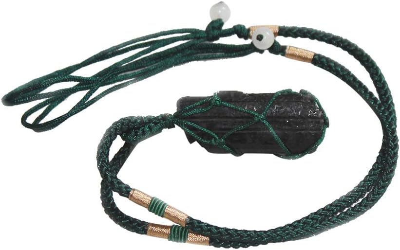 Vintage DIY Hand Woven Natural Black Tourmaline Raw Stone Pendant Necklace Gift