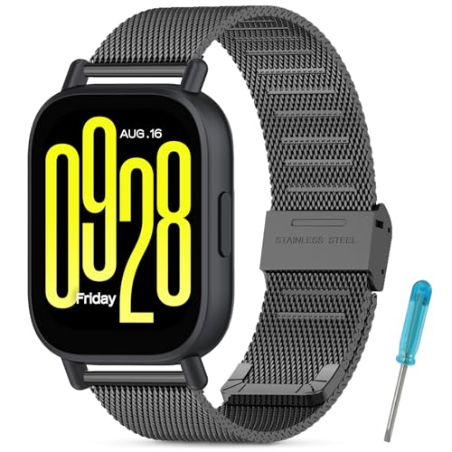CHULN Metal Strap Compatible with Redmi Watch 5 Active/Redmi Watch 5 Lite, Adjustable Stainless Steel Bracelet, 22 mm, Black, 5.5 Inches-8.7 Inches (139 mm-220 mm), Milanese, Compression Moulding