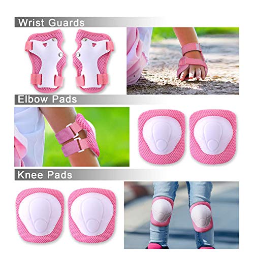 Adjustable Kids Skateboard Helmet,Bike Helmet Knee Elbow Pads Wrist Pads 7 in 1 Protective Sports Gear Set Suitable for Ages 3-8 Years Roller Skating Scooter Cycling Toddler Boys Girls (Pink)