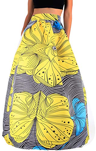 Novia's Choice Women African Floral Print Pleated High Waist Maxi Long A-Line Skirt(Big Yellow Flower M) - Thumbnail 2