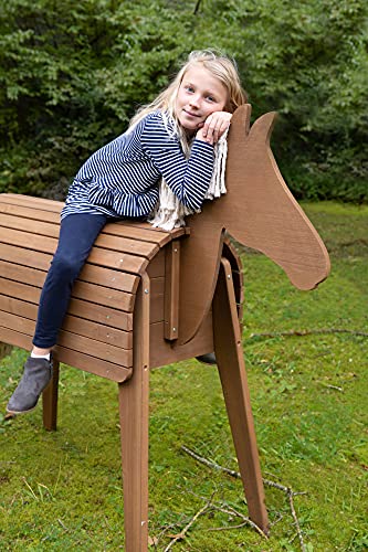 roba Solid Wood Riding Horse for Children – Weather Resistant – Seat Height 89 cm – Aerobatic Horse for Boys and Girls from 3 Years – Tinted Teak
