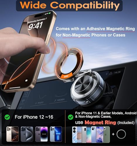 Uniiking® Upgraded Suction Cup Phone Car Mount 360° Zinc Alloy Phone Stand Vacuum Magnetic Car Holder for Mag-Safe Mount 98 LBS Ultra Accessories for iPhone 16 15 14 13 12 Android