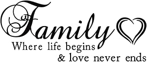 AUHOKY Family Where Life Begins & Love Never Ends Wall Decal Sticker Quotes, Removable DIY Mural Sayings Wallpaper Home Decor for Living Room Bedroom - Warm & Loving Art Words (23×9.4inch, Black) C