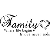 AUHOKY Family Where Life Begins & Love Never Ends Wall Decal Sticker Quotes, Removable DIY Mural Sayings Wallpaper Home Decor for Living Room Bedroom – Warm & Loving Art Words (Black,C)