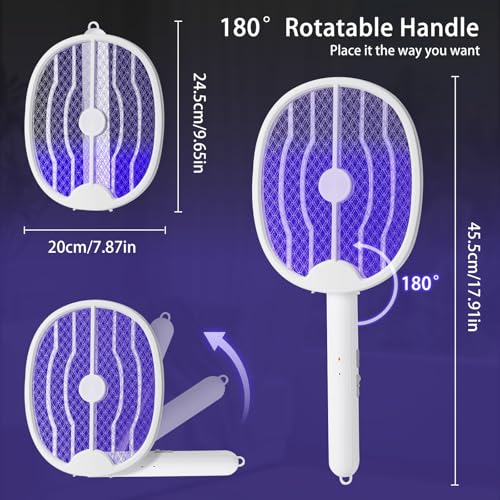 2 Pack Electric Fly Swatter, Foldable Fly Zapper Racket with 180-Degree Rotatable Head and USB-C Rechargeable, Portable Mosquito Bug Zapper Racket for Indoor Home