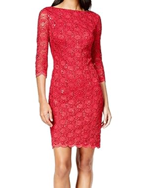 Women's Petite Sheath Lace Sequin Dress Red 6P