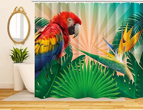 ArtRena Decorative Fabric Shower Curtain, Tropical Theme, Parrot Bird, Waterproof and Mildew Resistant, 71" x 71"