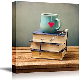 Canvas Prints Wall Art - Old Vintage Books and Cup with Heart Shape on Wooden Table | Modern Wall Decor/Home Decoration Stretched Gallery Canvas Wrap Giclee Print. Ready to Hang - 12" x 12"