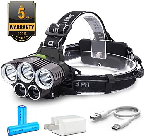 Super Bright 6 Modes LED Headlamp, Rechargeable Waterproof Focus Headlight 5000 Lumens Head Torch, Adjustable Flashlights Hard Hat Light, for Camping Hunting Hiking Running Walking Cycling Outdoors Li