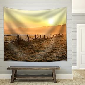 Sunrise Over Misty Grassland with Wooden Fence in The Foreground - Fabric Wall Tapestry Home Decor - 51x60 inches