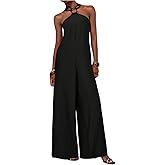 OYOANGLE Women's Ring Linked Sleeveless Halter Jumpsuits Loose Tie Back Wide Leg Dressy Jumpsuit