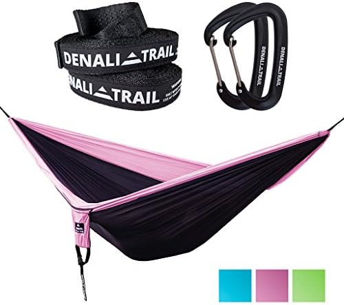 Denali Trail Ultralight Double Hammock Set. Premium Wiregate Carabiners and FREE Tree Straps. Best hammock for backpacking, travel, camping, backyard (Pink and Black)