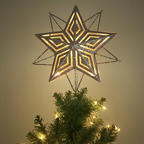 Valery Madelyn 11 Inch Pre-Lit Elegant Champagne Gold Christmas Tree Topper, Metal Tree Top Star with 10 Warm LED Lights, Battery Operated, Themed with Christmas Ornaments (Not Included)