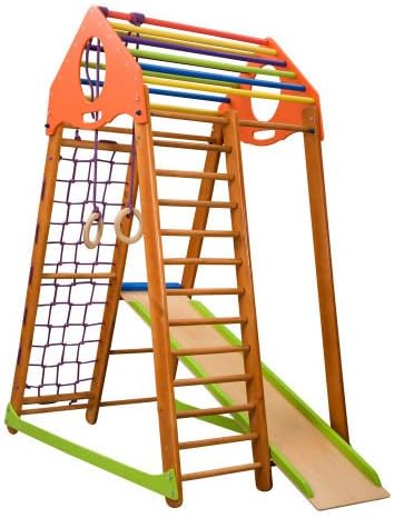 KindSport Kids home wooden playground toboggan ˝Bambinowood˝, climbing net