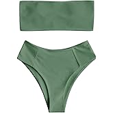 ZAFUL Women's High Cut Bandeau Bikini Set Strapless Solid Color 2 Pieces Bathing Suit Swimsuit