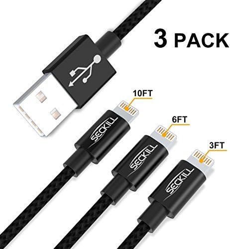 Lightning Cable,iPhone Cable 3Pack 3FT 6FT 10FT Nylon Braided Cord to USB Charging for iPhone X/8/8Plus/7/7 Plus/6/6s/6 Plus/6s Plus/5/5c/5s/SE,iPad, iPod& More(Jet Black)