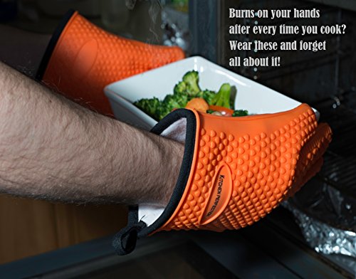 No.1 Set of Silicone Smoker Oven Gloves - Extreme Heat Resistant Washable Mitts for Safe Cooking Baking & Frying at The Kitchen,BBQ Pit & Grill. Superior Value Set + 3 Bonuses (Orange)