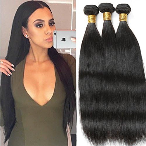 Brazilian Virgin Straight Hair, 3 Bundles Natural Color Black Real 100% Unprocessed Virgin Human Hair Extensions Weave Weft 28" 30" 30"